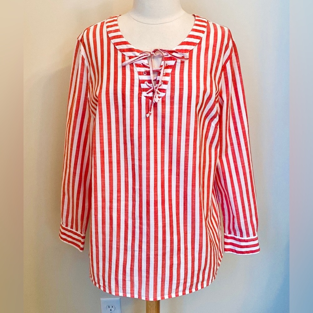Style & Co Red White Striped SZ XL Classic Preppy Americana Boho Chic Tie Up Top